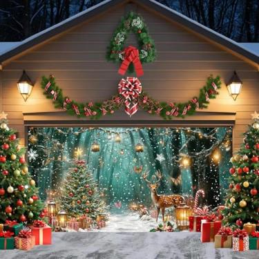 Imagem de Decoração de porta de garagem de floresta encantada de Natal 1,8 x 40 m, jardim das maravilhas de inverno, conto de fadas, Natal, árvore de rena, borboleta, Natal, Ano Novo, crianças, meninos, meninas