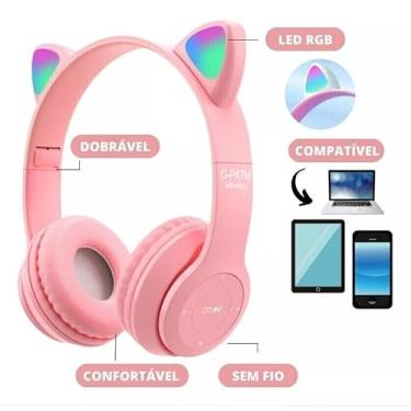Imagem de Fone De Ouvido Com Orelha de Gatinho Infantil Headphone Bluetooth com Luzes RGB nas orelhinhas e patinhas para crianças tamanho ajustável dobrável (Rosa/Branco)
