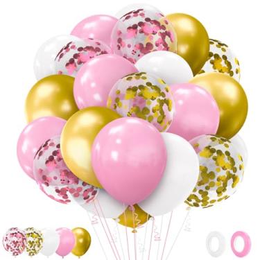 Imagem de Conjunto de balões rosa e dourado, 62 peças, kit de balões de festa, 30,5 cm, ouro rosa, branco, confetes, látex, com fitas para casamento, aniversário, chá de noiva, meninas, princesas, artigos de