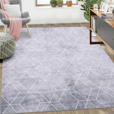 Imagem de COZYLOOM Tapete grande moderno 20 x 25 cm lavável geométrico para sala de estar com suporte antiderrapante, tapetes macios resistentes a manchas, tapete interno dobrável para quarto, berçário, cinza