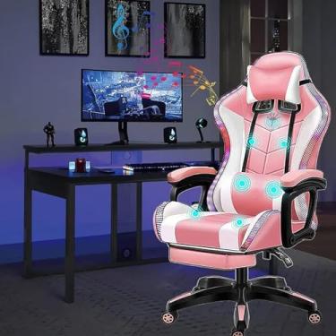 Imagem de Cadeira De Jogos Com Luzes Led E Alto-falantes Cadeira De Corrida De Computador Com Apoio Para Os Pés E Suporte Lombar Cadeira Ergonômica Rgb De Escritório Com Encosto De Cabeça, Pink
