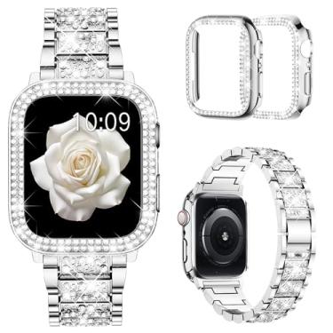 Imagem de Mosonio Pulseira compatível com Apple Watch de 38 mm com capa feminina, pulseira de metal de substituição com 2 unidades de capa protetora de PC brilhante para iWatch Series 3/2/1 (38 mm, prata)