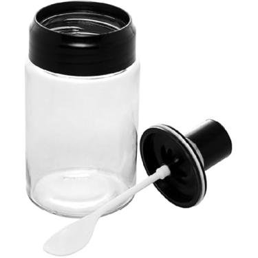 Imagem de Açucareiro de Vidro com Colher e Tampa de Plástico Preta 7cm x 7cm 14cm