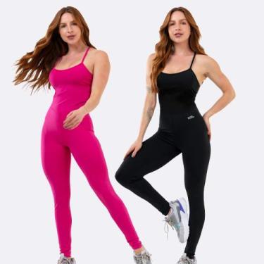 Imagem de Kit 2 Macacão Fitness Blackout Alcinha Slim Zero Transparência Longo E