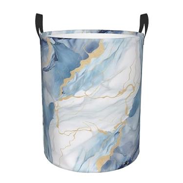 Imagem de Cesto de lavanderia de mármore branco azul dobrável à prova d'água cesto de armazenamento de roupas com alças pano oxford organizador de brinquedos cesta para banheiro, lavanderia, quarto, pequeno