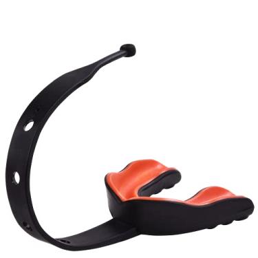 Imagem de Oral Mart Protetor bucal esportivo preto/laranja com alça (hóquei no gelo/futebol/lacrosse) – Protetor bucal com tiras para futebol, hóquei, lacrosse, futebol americano universitário (com estojo grátis)