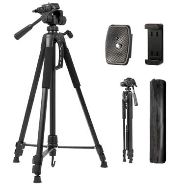 Imagem de Suporte de tripé para câmera e celular, suporte profissional de 172 cm com bolsa de transporte e suporte de telefone, tripé de bastão de selfie multi-ângulo ajustável de altura resistente e estável