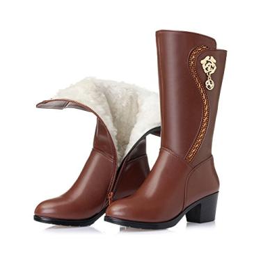 Imagem de Bota de neve feminina Duberess forrada com lã de couro, quente, para inverno, antiderrapante, com zíper, cano médio, Marrom, 8.5