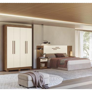 Imagem de Quarto de Casal com Guarda-Roupas 4 Portas e Cabeceira Homero Estilo MM - Jatoba/Areia