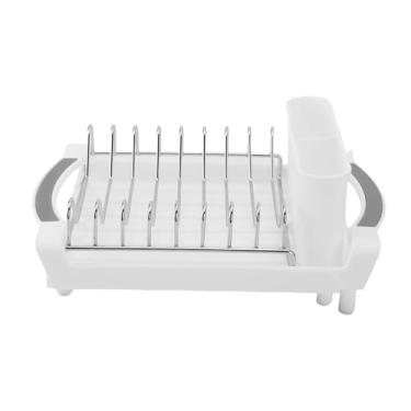Imagem de Asixxsix Rack de secagem de pratos para balcão de cozinha, rack extensível de aço inoxidável à prova de ferrugem com escorredor e suporte removível para talheres (Branco)