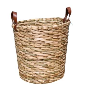 Imagem de Cesto Organizador Taboa Palha Natural Alça Couro Multiuso