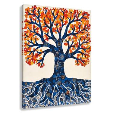 Imagem de Árvore da Vida Arte de Parede Impressão em Tela Decoração com Folhas Vibrantes Tronco Azul Símbolo Espiritual 45x60cmx1