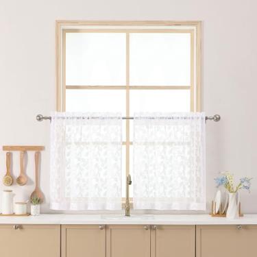 Imagem de Chyhomenyc Cortinas brancas transparentes de 61 cm de comprimento, cortina de cozinha de janela pequena com filtro de luz tufada texturizada sobre a pia, cortinas curtas de meia janela para porão de
