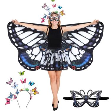 Imagem de Rngmsi Fantasia de xaile de asas de borboleta - capa de asa de borboleta de fada com estampa dupla face branca e azul, conjunto de saia para mulheres, acessório para fotos de cosplay diário, fantasia
