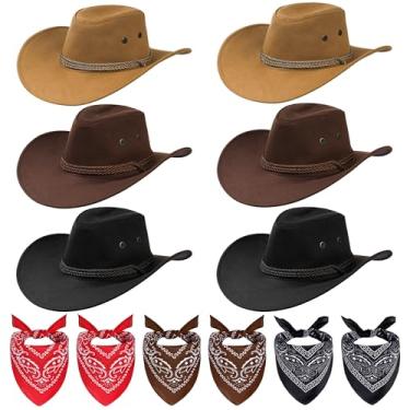 Imagem de Conjunto de 12 peças de chapéu de cowboy e bandana vintage, conjunto de fantasia de cowboy unissex com lenço bandana para mulheres e homens, acessórios de festa, marrom claro, café, preto, tamanho �