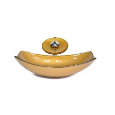 Imagem de Cuba Vidro Oval Chanfrada 46Cm Dourado Real Válvula Torneira