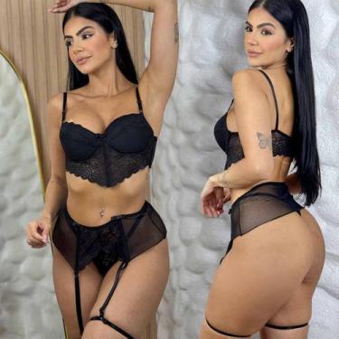 Imagem de Conjunto Com Bojo Sensual Com Cinta Liga Tule e Renda Completo - Like4