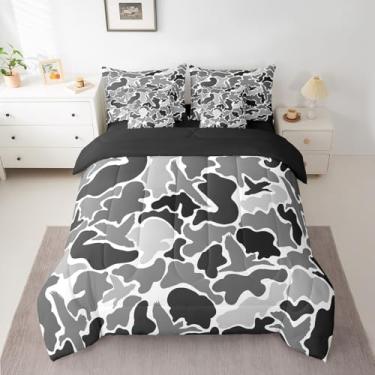 Imagem de Feelyou Jogo de cama de caçador de patos cinza camuflado caça 7 peças, king size preto e marrom todas as estações, cama em uma bolsa com edredom, lençóis, fronhas, conjunto de cama militar camuflada,