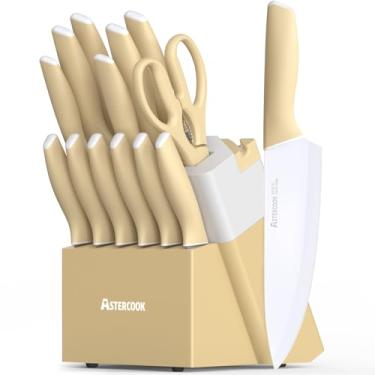 Imagem de Astercook Conjunto de facas de cozinha com bloco e afiador, conjunto de facas de 15 peças com revestimento cerâmico, facas alemãs de aço inoxidável de alto carbono, lâmina afiada, lavável na