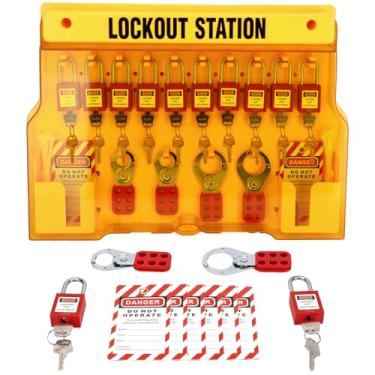 Imagem de TAEGIQ Estação de identificação de bloqueio com dispositivos Loto, placa de kit de bloqueio de etiqueta, conjunto de 12 cadeados de segurança, 6 ferrolhos Loto, 30 etiquetas para não operar para