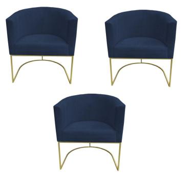 Imagem de Kit 03 Poltronas Paola Base De Ferro Sued Azul Marinho D'classe Decor