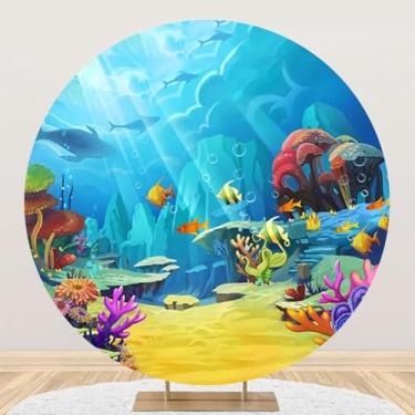 Imagem de Yeele 2 x 2 m fundo redondo debaixo do mar desenho animado subaquático colorido corais peixes luz solar círculo fotografia fundo para chá de bebê, tema sereia, aniversário, festa, sessão de fotos
