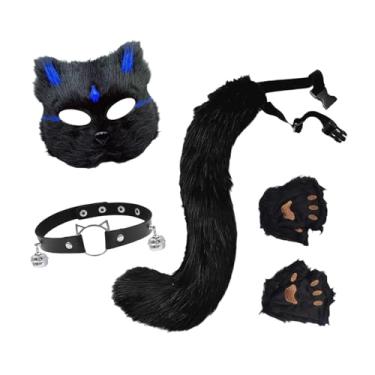 Imagem de Vaveren Conjunto de máscara e cauda de gato e, acessórios para fantasias de festa de Halloween, Preto Azul