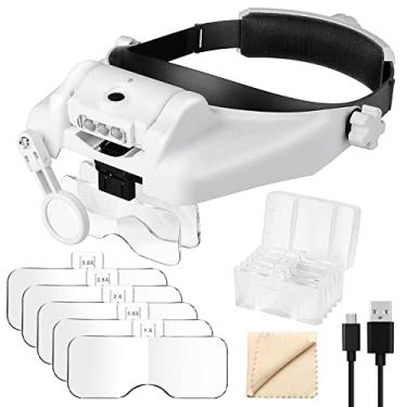 Imagem de Lupa de cabeça de 1X a 14X com luz LED, suporte de cabeça para ampliar a viseira de vidro para fones de ouvido para joias profissionais, artesanato de costura, reparo de leitura, Branco