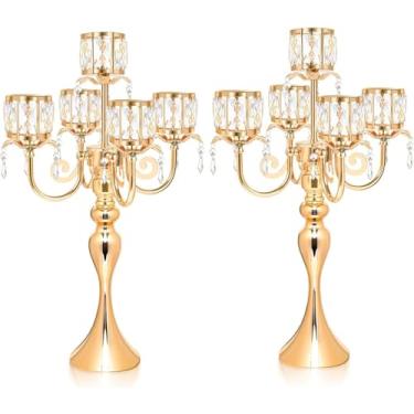 Imagem de Castiçais de piso alto - 2 peças de candelabro dourado para decorações de centro de casamento, castiçais de metal com 5 braços, decoração de casa de corredor de casamento (ouro x 2 peças)