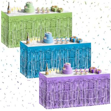 Imagem de Pacote com 3 saias de mesa azuis, verdes e roxas, 73,7 x 274,3 cm, saia de mesa com franja metálica para mesas retangulares, cortinas de flâmula, pano de fundo, decorações de festa para aniversários