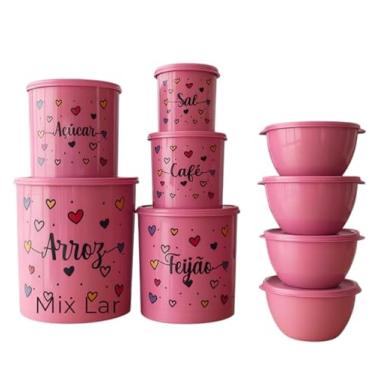Imagem de Kit de Potes de Mantimentos Cozinha 5 peças de Plástico + 4 Potes Redondos Herméticos Variação Coração Rosa