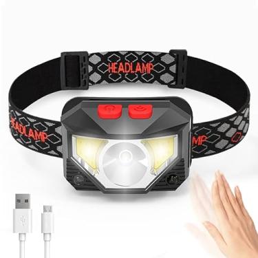 Imagem de Lanterna de cabeça recarregável, farol de LED super brilhante de 800 lúmens com luz vermelha e branca e sensores de movimento, à prova d'água IPX4, 6 modos de luzes de trabalho para ambientes internos