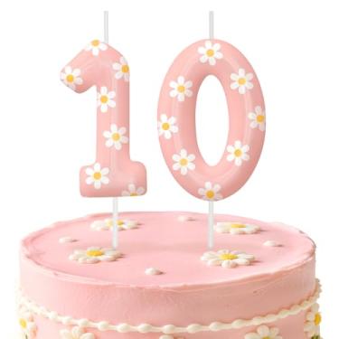 Imagem de Velas de aniversário rosa número 10, enfeite de bolo com tema de margarida para meninos e meninas, decorações de aniversário, suprimentos de festa, velas numéricas para decoração de festa