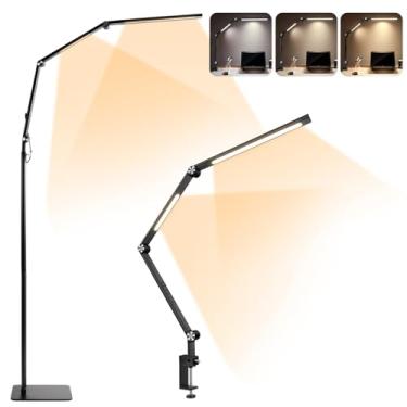 Imagem de Kalolary Candeeiro de piso de duas fontes de luz 2 em 1 3000-6000 K com brilho ajustável, lâmpada de leitura LED com suporte de telefone e clipe de mesa, luz de cílios esteticista para tatuagem, unhas