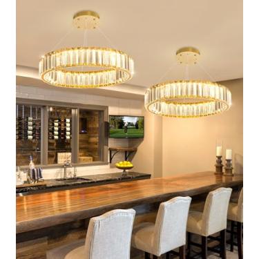 Imagem de Lustres de cristal modernos de 40,6 cm para sala de jantar luminária de teto regulável de LED redonda para sala de estar quarto iluminação dourada