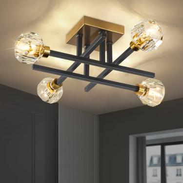 Imagem de ZemSum Luminárias modernas de cozinha, teto, 4 luzes de montagem semi embutida, lustre industrial preto e dourado para quarto, sala de jantar, sala de estar, cozinha, entrada, corredor