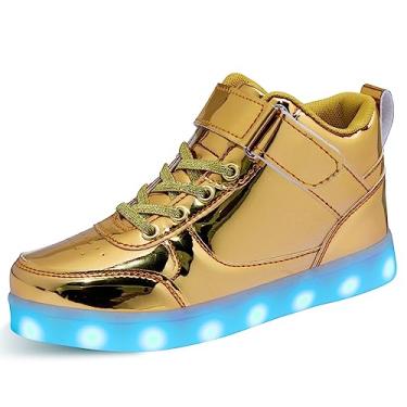 Imagem de SEROUNY Tênis infantil com iluminação de LED, cano alto, carregamento USB, piscando, para crianças, meninas, meninos, Dourado, 18