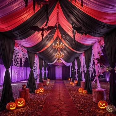 Imagem de PartyVillage 6 painéis 1,5 m x 9,1 m cortinas de teto pretas para festas de casamento – 7,5 m de poliéster grosso extra longo sem rugas, decoração de barraca para festa de aniversário, cerimônia de