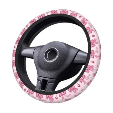 Imagem de Capa de volante padrão de laço rosa cereja neoprene elástico, antiderrapante ajuste universal 14,5-15 polegadas, acessórios de carro decoração de interiores protetor de roda para carros, SUVs
