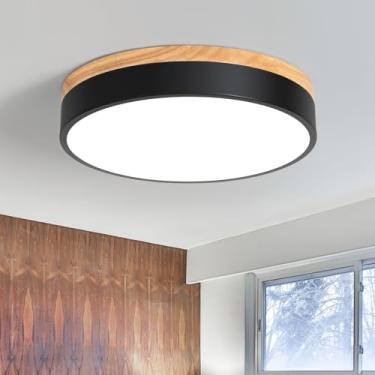 Imagem de Yiisem Luminária de teto LED regulável de madeira, 5CCT 2700K-6000K Preto moderno perto do teto, lâmpada de teto redonda minimalista para quarto, cozinha, corredor, lavanderia, 11,7 pol