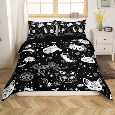 Imagem de Conjunto de capa de edredom de esqueleto de gato, solteiro, tema de Halloween, gótico, para decoração de quarto de crianças, adolescentes, galáxia, estrelado, animais de estimação, flor, capa de