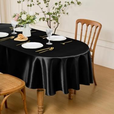 Imagem de Entisn Toalha de mesa oval 152 x 300 cm, feita de tecido de cetim preto, adequada para 10 a 12 lugares, resistente a rugas e design fácil de limpar, decoração de mesa para casamento, banquete, cozinha
