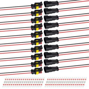 Imagem de TMH Conector de 2 pinos 22 AWG - 2 fios 10 cm. Conectores à prova d'água Conectores elétricos macho e fêmea com tubo termorretrátil para conexão de fio de carro, caminhão, barco (10 conjuntos)
