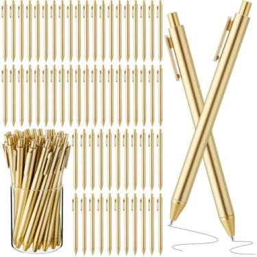 Imagem de Humyoun 100 canetas esferográficas douradas finas a granel retrátil tinta preta 1 mm ponta média canetas de escrita suave bom presente para lembrancinhas de casamento, convidados, negócios, escritório