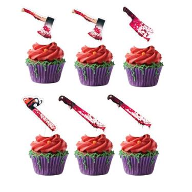 Imagem de Anemowind 30 Pack Double-Sided Axe & Chainsaw Cupcake Toppers for Halloween Horror Blood Theme Party Decorations Knife, Machete, and Kitchen Knife Designs
