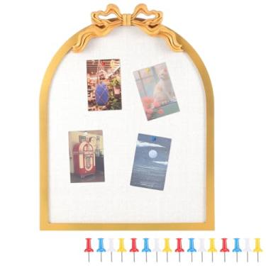 Imagem de Briwooody Quadro de cortiça vintage de linho arqueado com nó de laço dourado 53 cm x 40 cm quadro de avisos decorativo moldura de ferro grande quadro de cortiça para anotações, fotos, lembretes