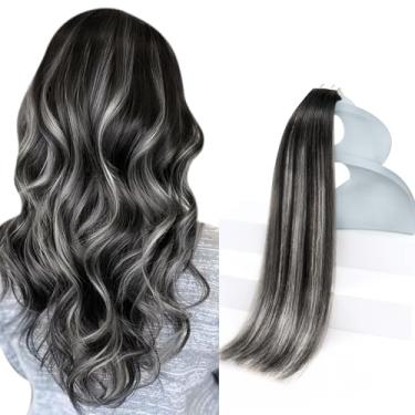 Imagem de Sunny Hair Extensões de cabelo humano real com fita adesiva invisível Remy extensões de cabelo fitas para mulheres raízes pretas naturais a cinza prateado balayage 35,5 cm 20 peças 50G
