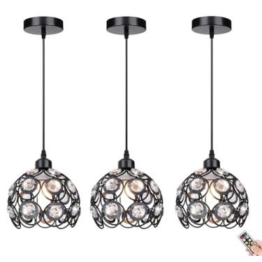 Imagem de Luminária pendente recarregável com controle remoto sem fio e lâmpada de cristal para cozinha, sala de jantar, quarto, preta