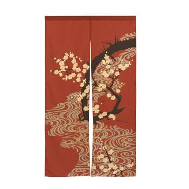 Imagem de COTONOHA Cortina noren japonesa feita no Japão | Design de água corrente e flor de ameixa | Poliéster semelhante a linho | Divisor de porta ou pendurar na parede | 33,5 x 59 pol (85 x 150 cm)