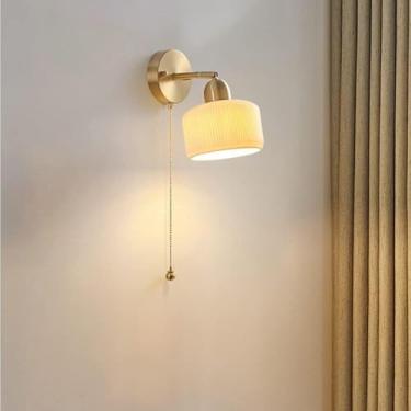 Imagem de Luminária de parede de cerâmica vintage com luminária de latão, arandela ajustável com interruptor de cordão, luz de parede E27 para quarto, sala de estar, corredor, luz decorativa interna,